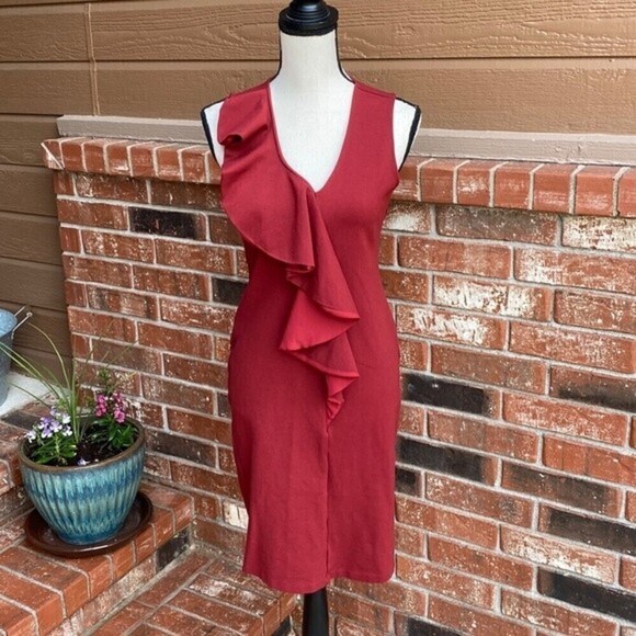 Sabie Burgundy Rust Ruffle Bodycon Sheath Dress - Picture 1 of 7